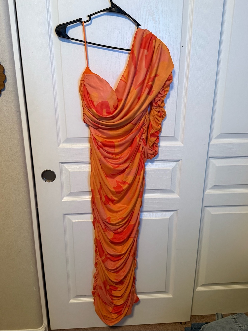 JLUXLABEL Orange & Coral One-Shoulder Ruched Draped Maxi Dress